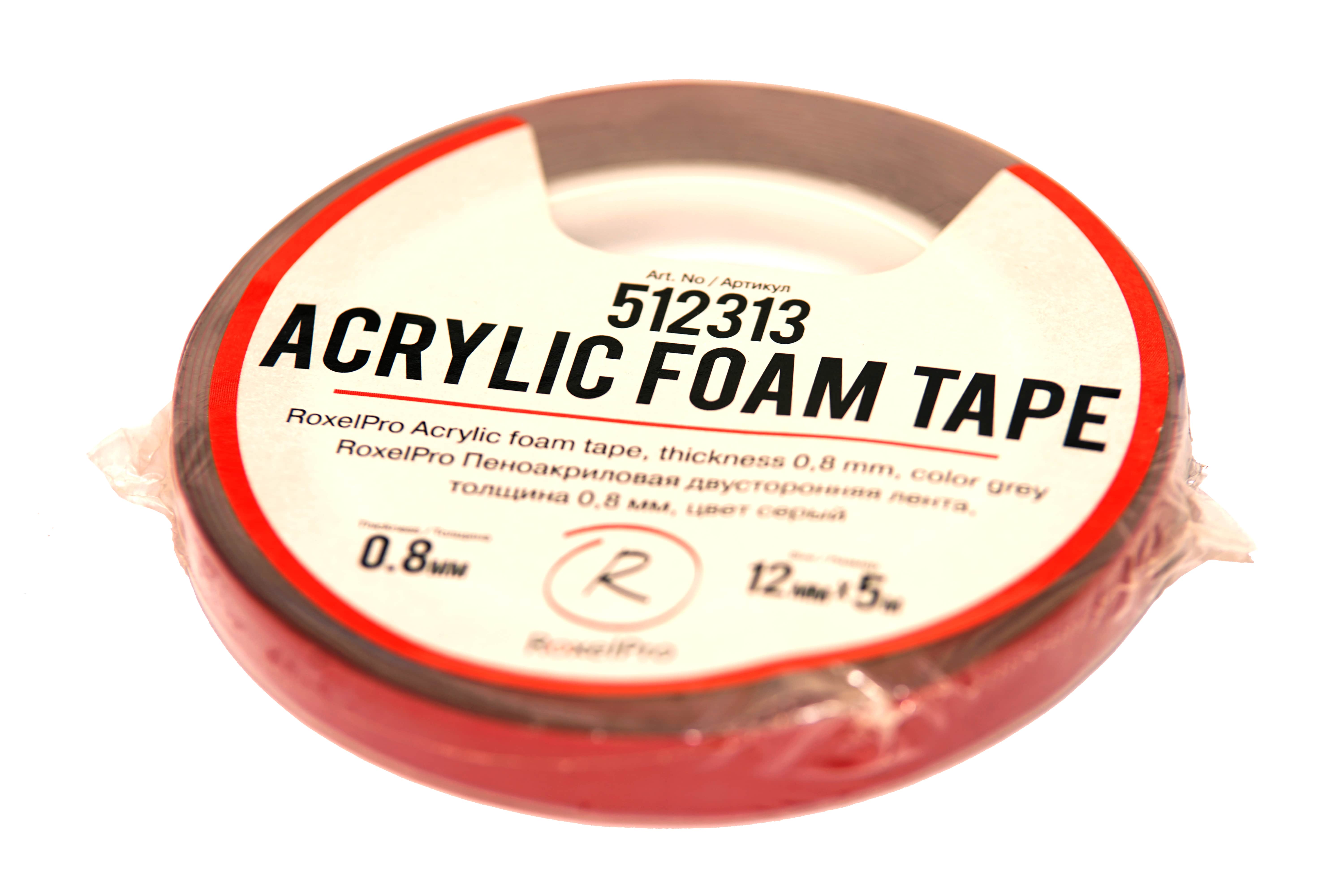 512313 RoxelPro Пеноакриловая двусторонняя лента, толщина 0,8мм, 12мм*5м, серая
